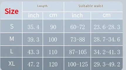 Size chart for clothing with S M L XL measurements in inches and cm for waist and length