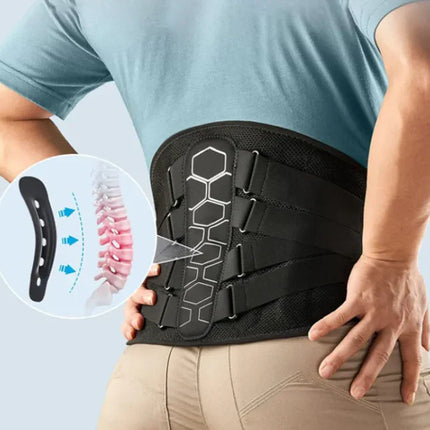 Black back brace with hexagonal design for lumbar support, adjustable straps, and posture correction