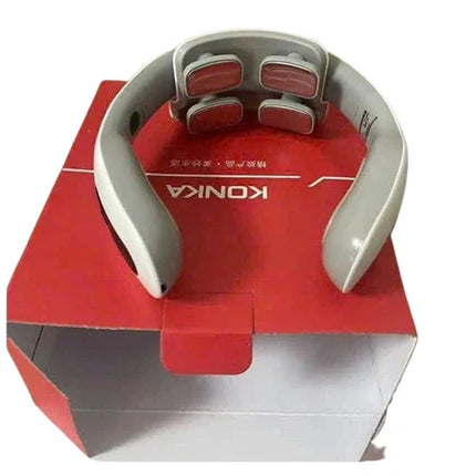 Gray Konka neck massager with red nodes, designed for relaxation and muscle relief, shown on red packaging