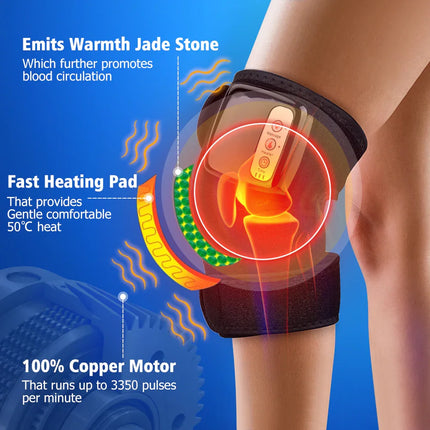 Black knee massager with jade stone warmth, 50°C heating pad, and copper motor for circulation & pain relief