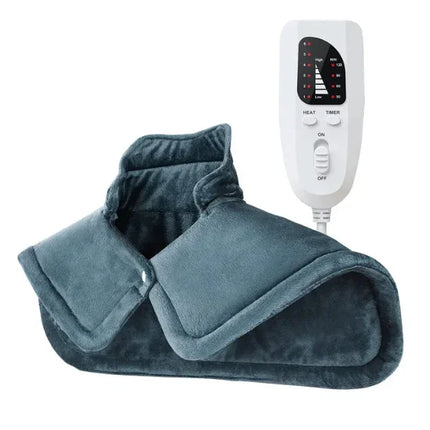 Gray plush electric heating pad with digital timer remote control for neck and shoulder warmth