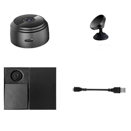 Black compact dash cam with suction mount, USB cable, and rear camera for car video recording