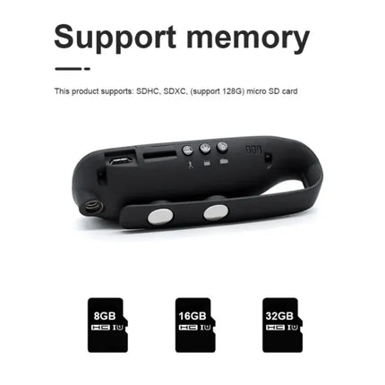 Black portable device with micro SD card slot, supports up to 128GB SDHC/SDXC cards, shown with 8GB, 16GB, 32GB options