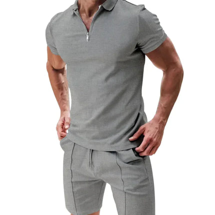 Men’s Waffle Knit Polo Shirt & Drawstring Shorts Set – Stylish Casual Summer Outfit
