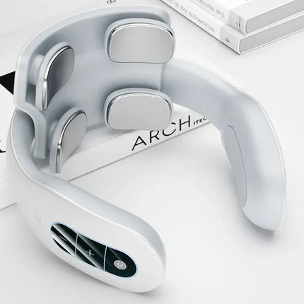 White neck massager with silver rollers, ergonomic design, and control panel for relaxation and muscle relief