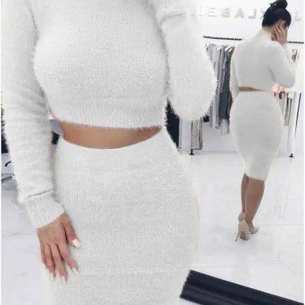 Chic Long Sleeve Women’s Sweater Set – Elegant Lotus Collar & Pencil Skirt
