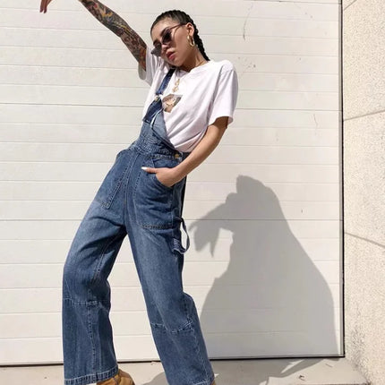 Loose Fit Denim Strappy Overalls with Pockets – Women’s Casual Street Style