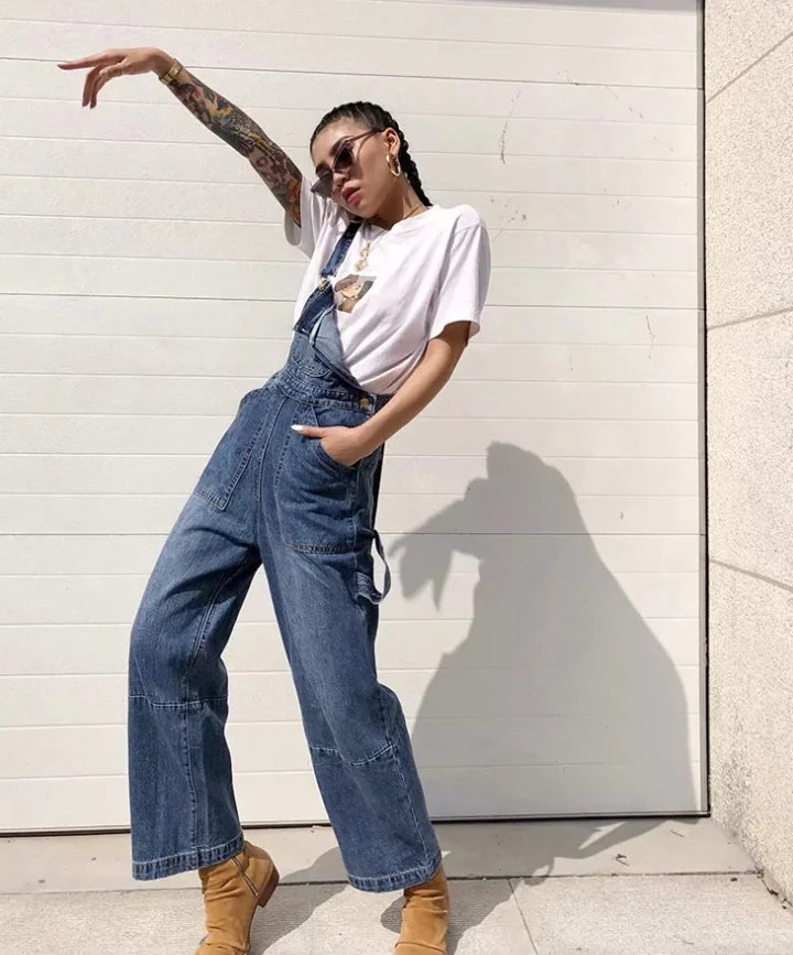 Loose Fit Denim Strappy Overalls with Pockets – Women’s Casual Street Style