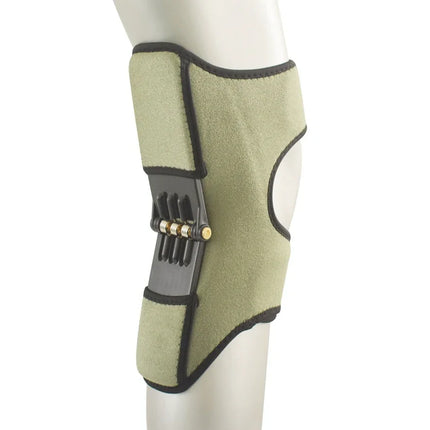 Olive green knee brace with black trim and adjustable metal hinge for joint support