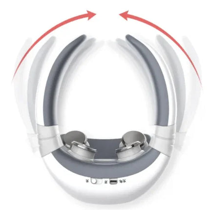 Gray and white neck massager with rolling nodes and adjustable straps for relaxation