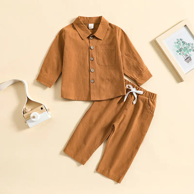 Boys' Cotton Linen Standing Collar 2-Piece Outfit – Casual Long Sleeve Shirt & Pants Set