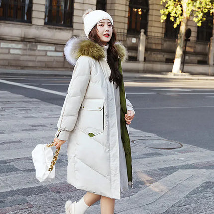 Women's Medium-Length Hooded Down Jacket with Large Fur Collar – Winter Warm Elegant Coat