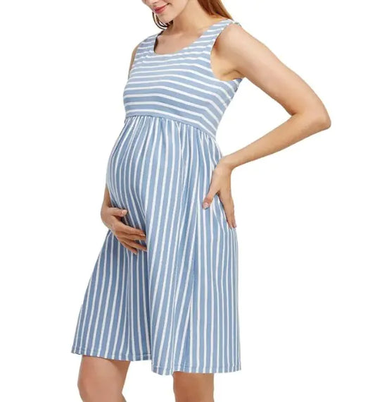 Elegant Striped Maternity Dress – Comfortable Empire Waist with Adjustable Tie