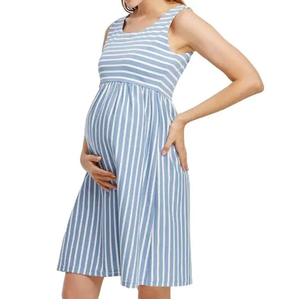 Elegant Striped Maternity Dress – Comfortable Empire Waist with Adjustable Tie