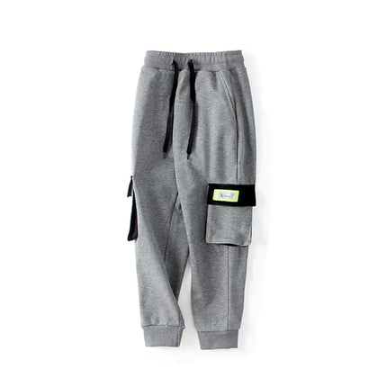 “Kids cotton sports pants with pockets in beige black and blue”