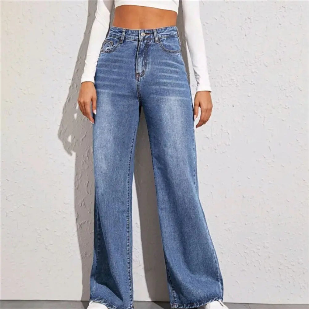Loose High Waist Wide Leg Jeans for Women – Light Blue Cotton Denim