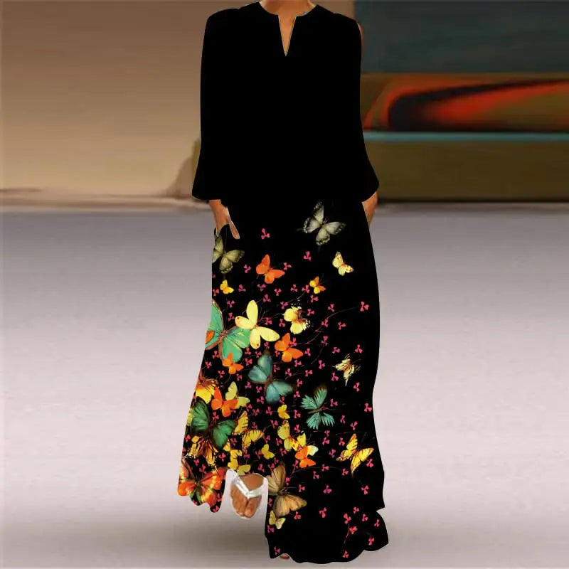 Women’s V-neck Long Sleeve Printed Loose Dress with Pockets