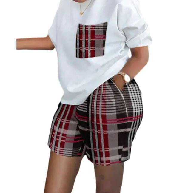 Women’s Printed Two-Piece Commuter Set – Short-Sleeve Top & Matching Shorts