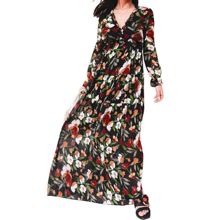 Women’s V-neck Loose Printed Long Sleeve Dress – Floral & Ruffle Design