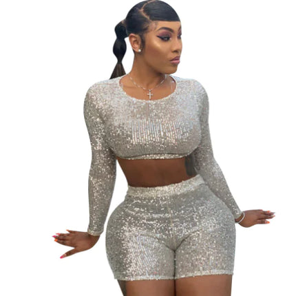 Women’s Sequined Two-Piece Long Sleeve Shorts Set – Glam Party Outfit in Apricot