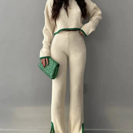 Women’s Color Block Knitted Two-Piece Set – Top & Trousers