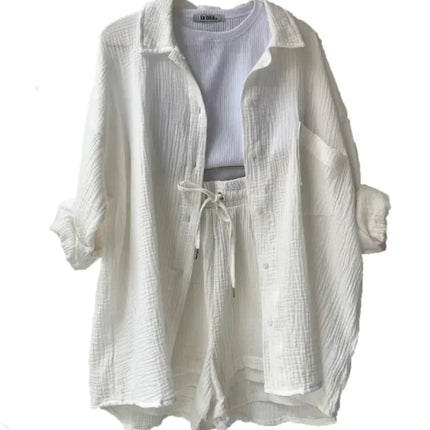 Women’s Long Sleeve Commuter – Lapel Shirt & High-Waist Shorts