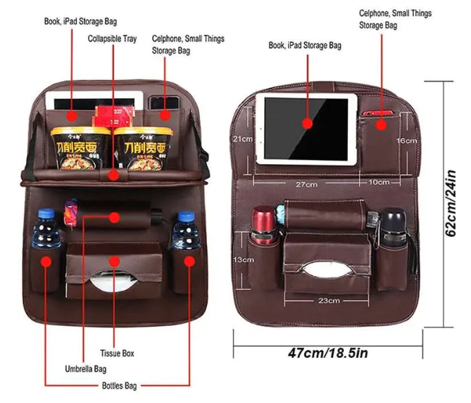 Car Seat Organizer with Foldable Table – PU Leather Backseat Storage & Tray