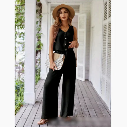Women’s Sleeveless Vest Two-Piece Suit – Wide-Leg Pants Set