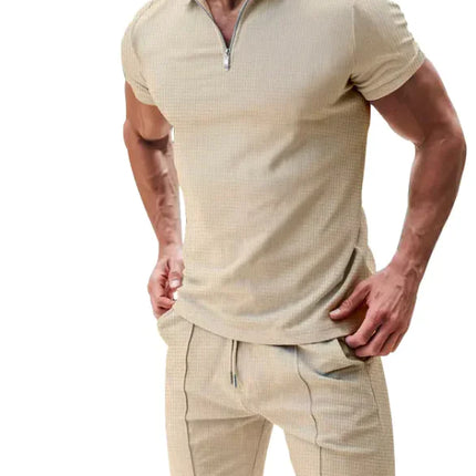 Men’s Waffle Knit Polo Shirt & Drawstring Shorts Set – Stylish Casual Summer Outfit