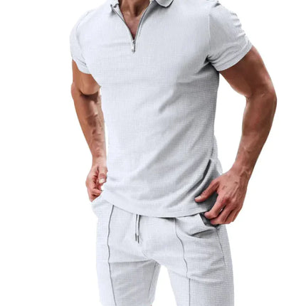 Men’s Waffle Knit Polo Shirt & Drawstring Shorts Set – Stylish Casual Summer Outfit