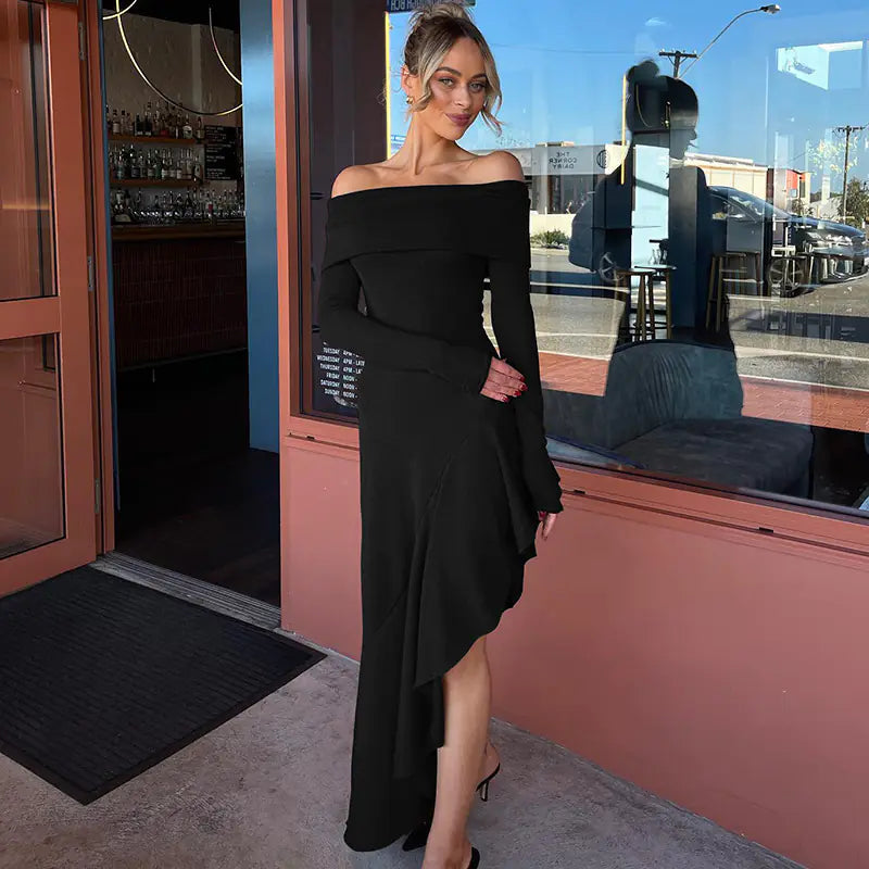 Off-Shoulder Long Sleeve Dress – Irregular Asymmetric Skirt Design