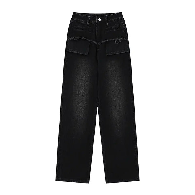 Retro Distressed Straight-Leg Jeans for Women – Blue & Black