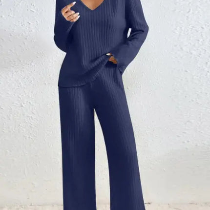 Women’s Autumn Ribbed Knit Lounge Set – Cozy V-Neck Sweater & Pants