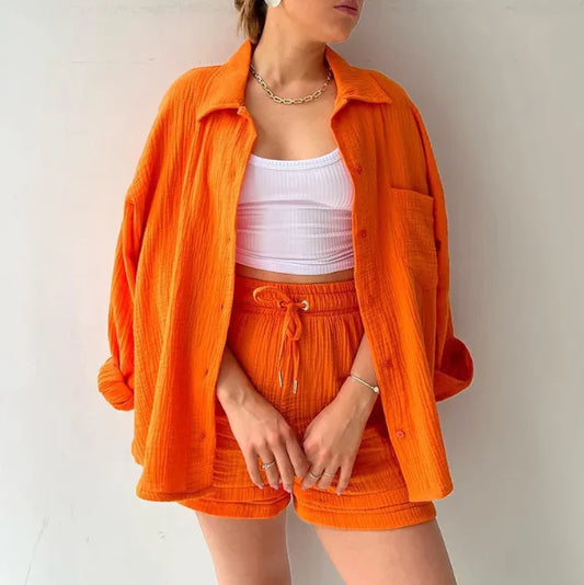 Women’s Long Sleeve Commuter Two-Piece Set – Lapel Shirt & High-Waist Shorts