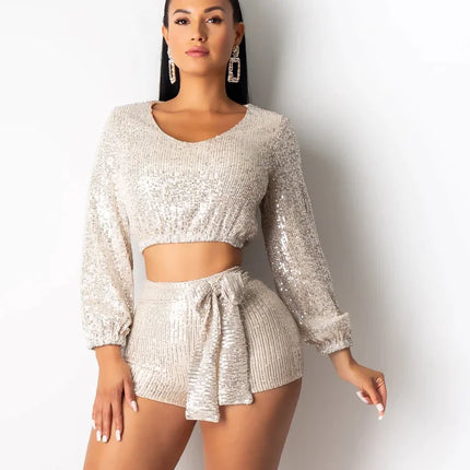 Women’s Sequined Two-Piece Long Sleeve Shorts Set – Glam Party Outfit in Apricot