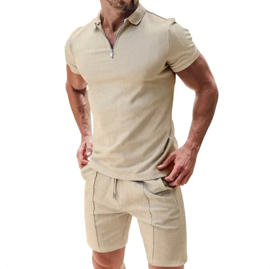 Men’s 2-Piece Waffle Knit Polo Shirt & Drawstring Shorts Set – Stylish Casual Summer Outfit