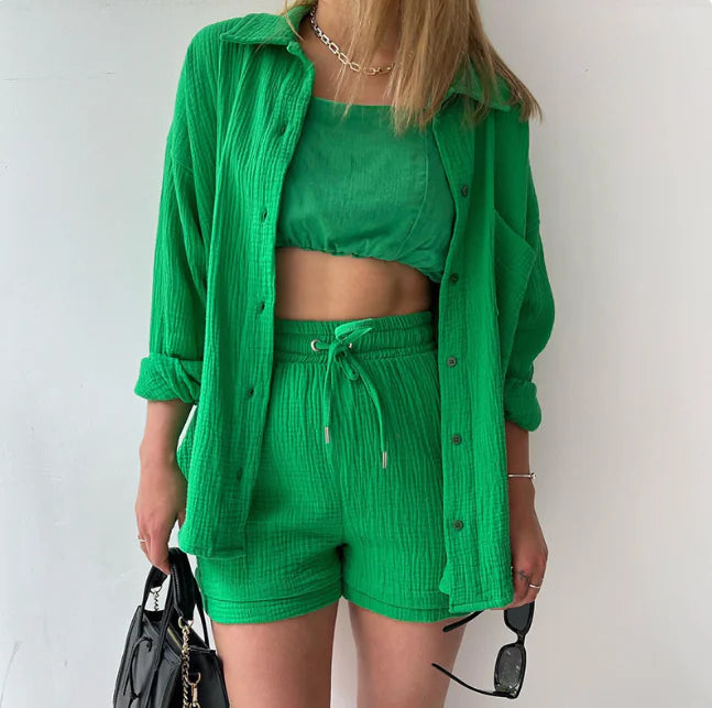 Women’s Long Sleeve Commuter Two-Piece Set – Lapel Shirt & High-Waist Shorts