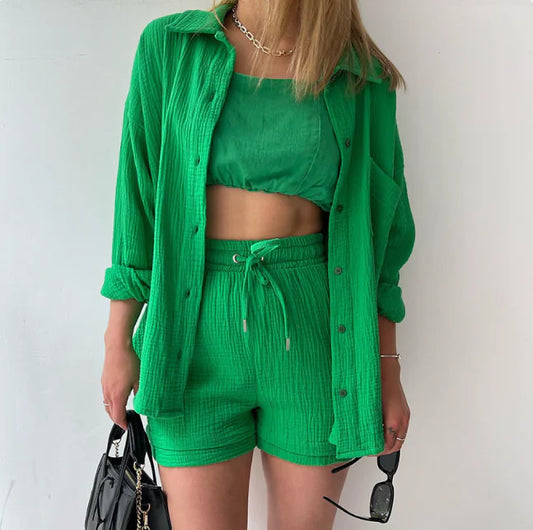 Women’s Long Sleeve Commuter Two-Piece Set – Lapel Shirt & High-Waist Shorts