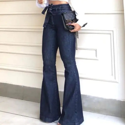 Women’s High Waist Hip Lift Lace-Up Flare Wide Leg Jeans – Blue & Black