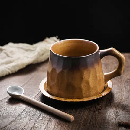 Japanese Vintage Stoneware Coffee Cup & Saucer Set – Handcrafted 300cc