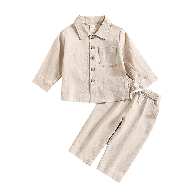 Boys' Cotton Linen Standing Collar 2-Piece Outfit – Casual Long Sleeve Shirt & Pants Set