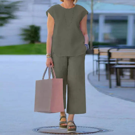 Women’s Cotton Linen Two-Piece Set – Round Neck Tank Top & Wide-Leg Pants