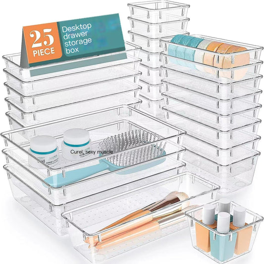 25-Piece Clear Plastic Drawer Organizer Set – Multi-Size Storage Bins for Makeup, Gadgets & More