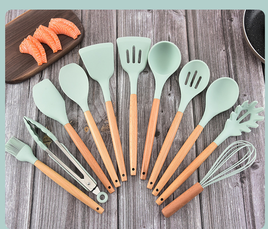 12-Piece Non-Stick Silicone Kitchen Tool Set with Wooden Handles – Heat Resistant & Dishwasher Safe