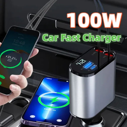 High-Powered 100W Car Charger with USB-C & USB-A Ports – Fast Charging for Phones & Tablets