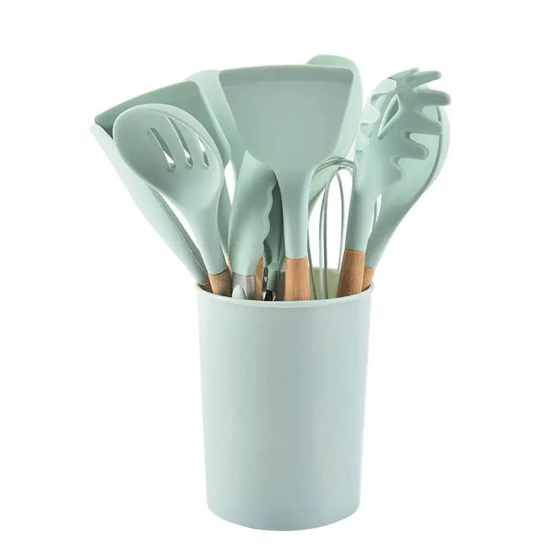 Ensemble d'ustensiles de cuisine antiadhésifs en silicone, 12 pièces, avec poignées en bois, résistants à la chaleur et lavables au lave-vaisselle