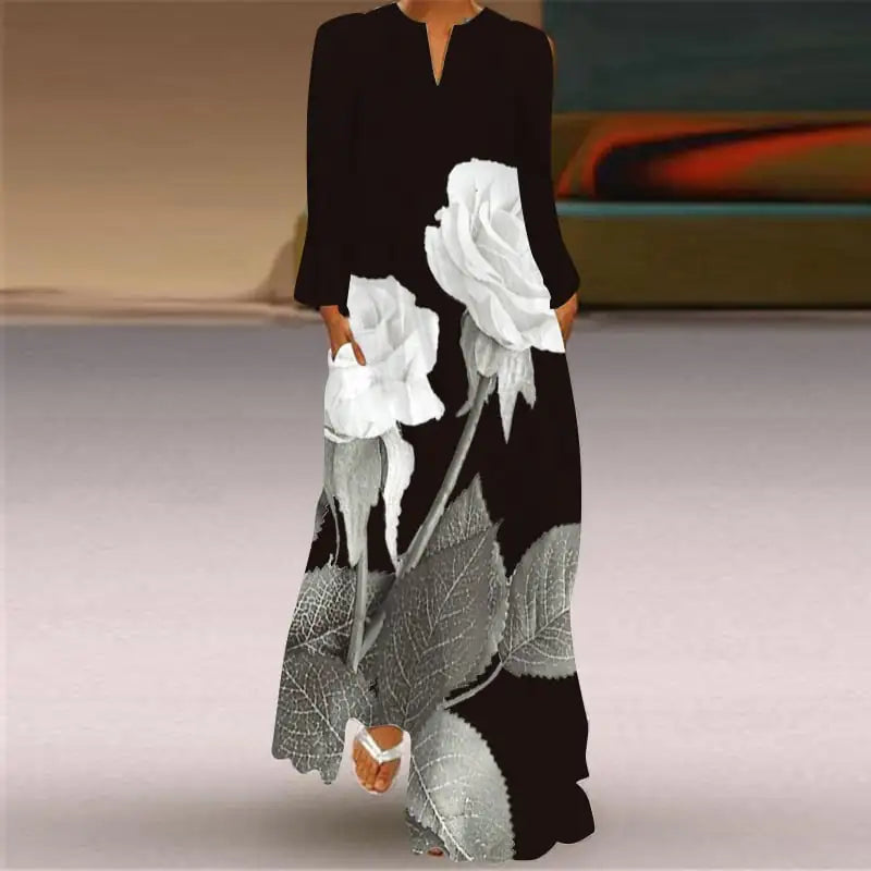 Women’s V-neck Long Sleeve Printed Loose Dress with Pockets