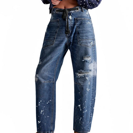 “LifeShe Women’s Baggy Barrel Jeans – Mid Rise Drawstring Boyfriend Denim with Paint Splatter”