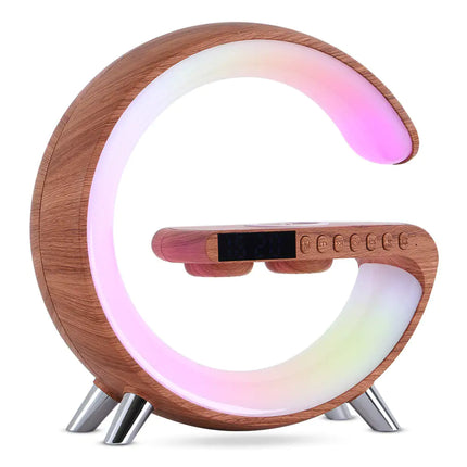 Multifunctional smart atmosphere lamp with Bluetooth speaker, wireless charging, and dimmable mood light on modern desk