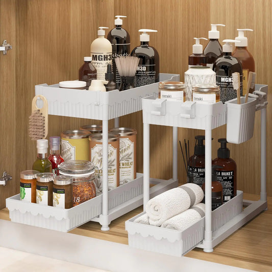 Sevenblue 2-Pack Under Sink Organizer – 2-Tier Sliding Drawer with Cup & Hooks for Kitchen, Bathroom & Cabinet Storage (White)